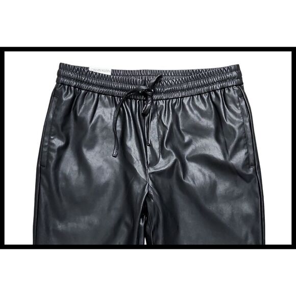 NWT Calvin Klein Vegan Faux Leather Pants Pull On Drawstring Waist Black Medium - Picture 3 of 12